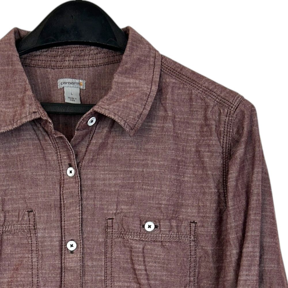 Carhartt Womens L Burgundy Heather Cotton Long Sleeve Button Down Work Shirt